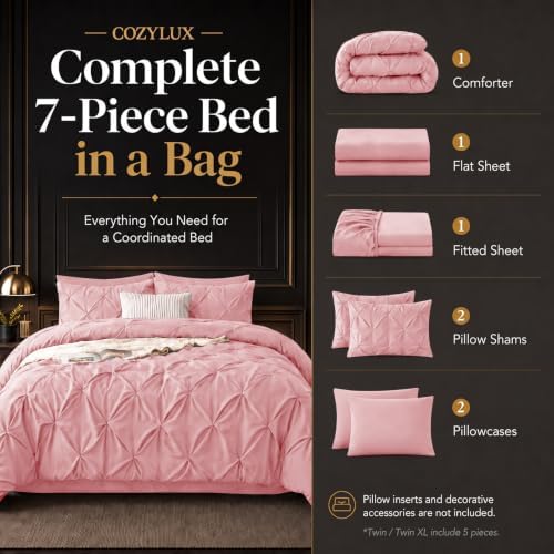 CozyLux King Size Comforter Set Pink, 7 Pieces Pintuck Bed in a Bag