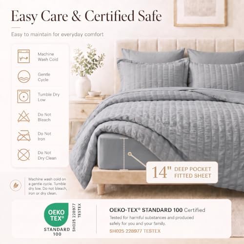CozyLux Twin XL Comforter Set, 5 Pieces Grey Seersucker Bed in a Bag