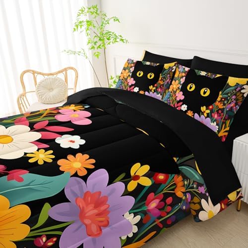 QOOMO Floral Cat 7 Pieces Comforter Set King Size,Floral Cat Bedding Set