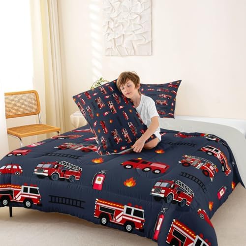 Feelyou Fire Truck Comforter Set King Size Emergency Fire Engine Bedding Set for Kids Boys Girls Firemen Car Vehicle Duvet Quilt Bedroom Decor Microfiber 3 Pcs with 2 Pillow Cases