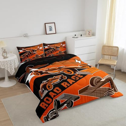 Erosebridal Race Car Comforter Sets for Boys Queen Race Cars Bedding Set,Cool Sports Car Bedroom Set for Boys Girls Kids Racing Car Bed Set,Black Orange Gamer Bedding Sets Car Room Decor 3Pcs