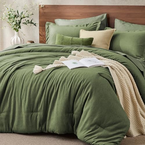 JOLLYVOGUE Full Comforter Set 7 Pieces Dark Green, Cationic Dyeing Bed in a Bag Full, Double-Tone Bedding Set with Down Alternative Comforter, Sheets, Pillowcases & Shams