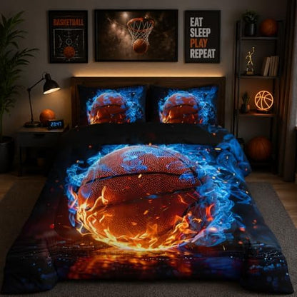 Nttopship Fire Basketball Comforter Set Queen Size,100% Soft Ultra-fine Fiber Four Season Sport Basketball Comforter Set with 1 Comforter and 2 Pillow Case