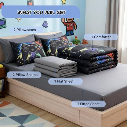 Full Comforter Set for Boys -7 Pieces Black Gamer Full Size Bedding Sets