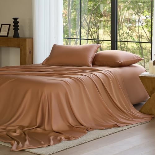 Sijo AiryWeight Tencel Sheet Set, 100% Lyocell Derived from Eucalyptus, Buttery Soft, Architectural Digest Best Cooling Sheets Winner - 3pc - 2 Pillowcases 1 Fitted (Clay, Cal King)