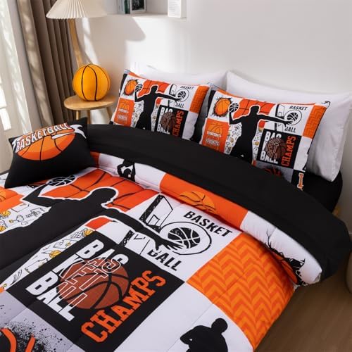 Aimuan Sports Geometric Grid Black Patchwork Basketball Printed for Boys Full 6Pcs Bed in A Bag Comforter Bedding Set (Orange, Full 6Pcs)