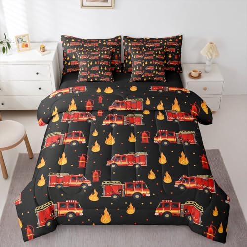 Erosebridal Fire Truck 7-Piece Bedding Set Twin for Boys, Cartoon Red Firemen Car Comforter Set with Sheets for Firefighter Room Decor, Black and Red Bed in A Bag, Fire Engine Bed Sets