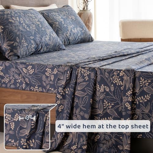 QSH Floral Egyptian Cotton Sheets Queen Size - Elegant Navy Botanical Pattern Printed Bedding Sheets Queen Size Bed Extra Soft and Breathable 4pcs Deep Pockets Bed Sheets