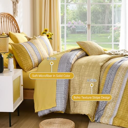 Boho Queen Comforter Size Set, 8 Pieces Yellow Striped Texture Bed in a Bag Bedding Sets, Lightweight Soft Bohemian Comforter and Sheet Set, All Season Microfiber Teen Boys Bedding Sets for Men Women