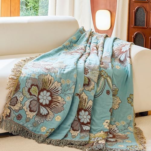 VANJOROY Boho Throw Blanket 60" x 80", 100% Organic Cotton Breathable Skin-Friendly Ultra Soft Bed Quilt Blue Throw - Floral Rustic Decor Luxury Reversible Blanket for Sofa Couch Chair and Gift,