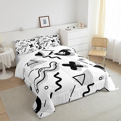 Manfei Memphis Comforter Set Twin Size, Retro 80s 90s Fashion Style Quilt Set with 1 Pillowcase, Geometric Black White Bedding Set 2pcs for Kids Boys Room Decor Lightweight Duvet Insert