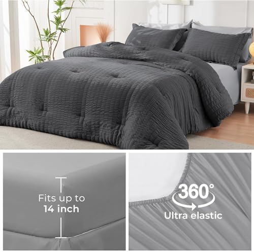 HYMOKEGE Dark Grey/Light Grey California King Comforter Set Seersucker 7 Pieces, All Season Luxury Bed in a Bag for Bedroom, Bedding Set with Comforter, Sheets, Pillowcases & Shams