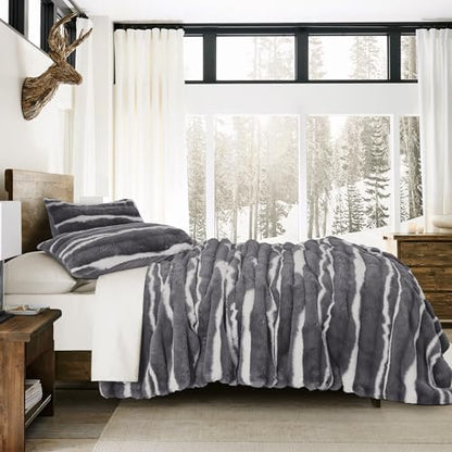 Wonderful 3 Pieces Fluffy Faux Rabbit Fur Comforter Set King Size, Dark Gray Plush Fuzzy Bedding Set, Animal Stripes Design Warm Soft Comforter Bedding Set for All Season,104"x94"