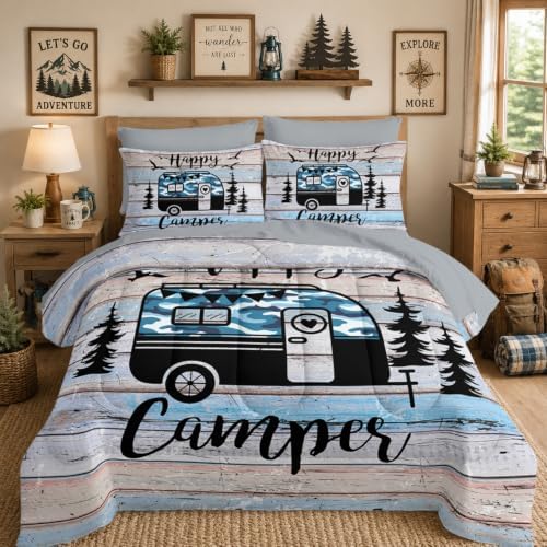HOSIMA 7Pcs Happy Camping Queen Comforter with Sheet Set for Room Decor.