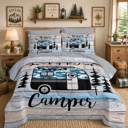 HOSIMA 7Pcs Happy Camping Queen Comforter with Sheet Set for Room Decor.