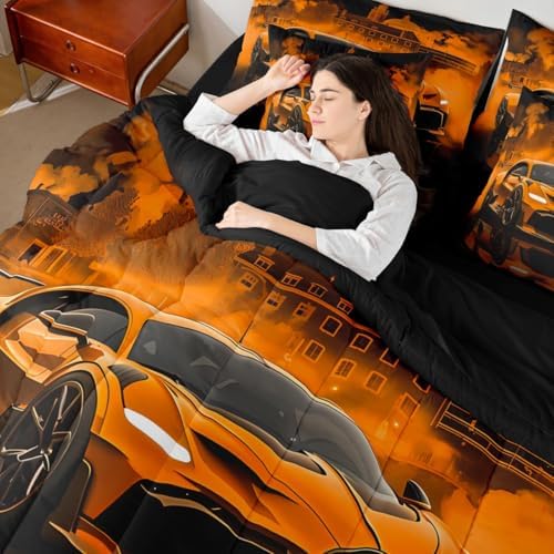 jejeloiu Kids Race Car Comforter Set with Sheets King Size Extreme Sport Games Bedding Set for Boys Girls Bedroom Decor Modern Orange Bed in a Bag Soft Lightweight Microfiber