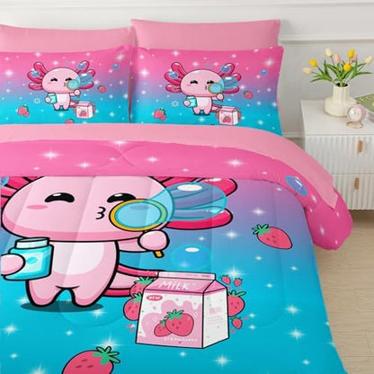 QOOMO Axolotl 7 Pieces Comforter Set Queen,Salamander Bedding Set for Kids
