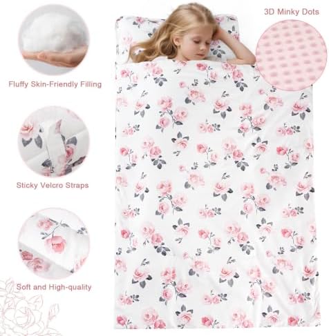 PHF Toddler Nap Mat with Removable Pillow and Minky Blanket, Rollup Design Kids Sleeping Mat, Slumber Bags for Girls, 50"x20" Toddler Sleeping Bag for Daycare Preschool Travel Camping, Floral
