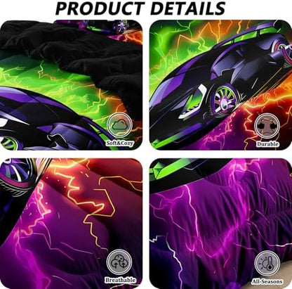 5 Pcs Car Comforter Sets for Boys, Cool Purple Green Lightnings Bed in A Bag Full Size Car Bedding Set for Boys Teens