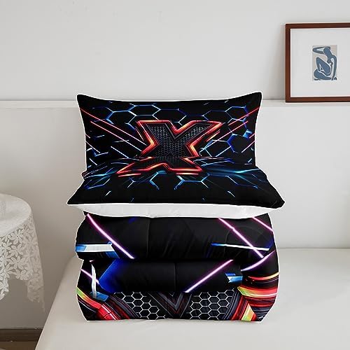 Manfei Geometric Honeycomb Kids Comforter Set Queen Size,Blue Neon Hexagon Abstract Bedding Set for Boys Girls Man Room Decor,Light Gaming Fashion Down Comforter,Red Black Duvet Insert,2 Pillowcases