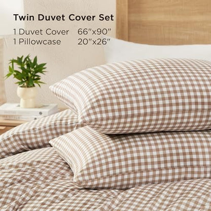 Andency Tan Gingham Duvet Cover Twin, Brown Checkered Plaid Bedding Set