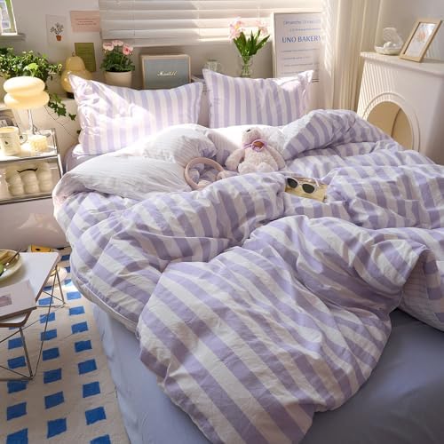 Striped Comforter Set Full Size, Vintage Purple White Stripes Pattern Printed Bedding Set, Lightweight Soft Striped Bed Comforter with 2 Pillowcases, Farmhouse 3 Piece Comforter Set for All Season