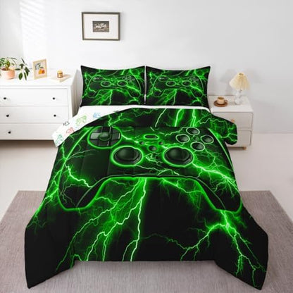 Erosebridal Gamer Comforter Set Gaming Girl Toddler Bedding Set, Video Game Console Comforter Green Lightning Quilt,Boys Bedroom Decor