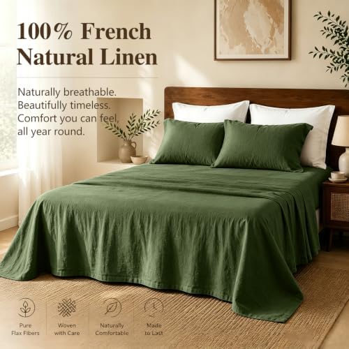 MEISHANG 100% French Linen Sheets Queen,4 Pcs,18-24" Extra Deep Pocket