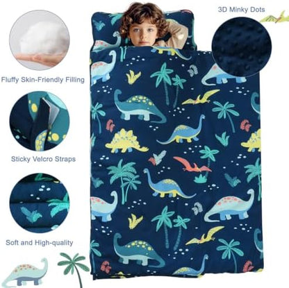 PHF Toddler Nap Mat with Removable Pillow and Minky Blanket, Rollup Design Kids Sleeping Mat, Slumber Bags for Boys, 55"x23" Toddler Sleeping Bag for Daycare Preschool Travel Camping, Dinosaur