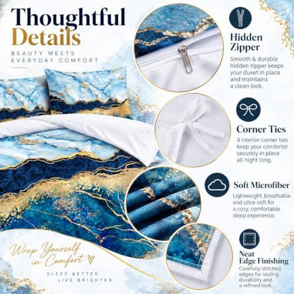 Royal Blue Marble Duvet Cover Set King Size Sequin Gold Bedding Comforter Covers with 2 Pillow Shams Breathable Durable Soft Comfy