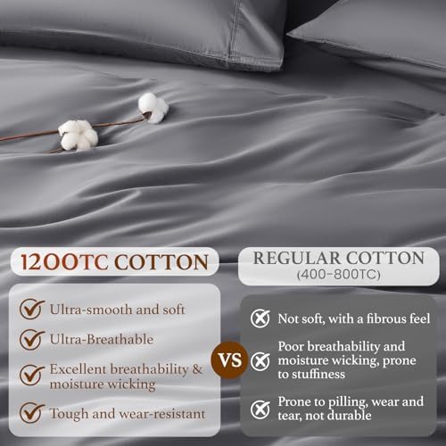 DEITAS 100% Cotton Queen Duvet Covers 3 Piece,1200 Thread Count，Dark Grey