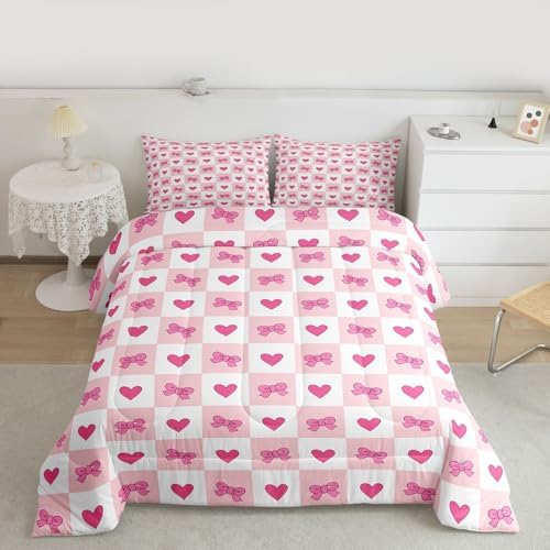 jejeloiu Girls Pink Bow Kids Comforter Set Twin Size Bow Bedding Set Cute Bowknot Duvet Quilt for Kids Boys Girls Bedroom Decor Microfiber Ultra Soft Breathable