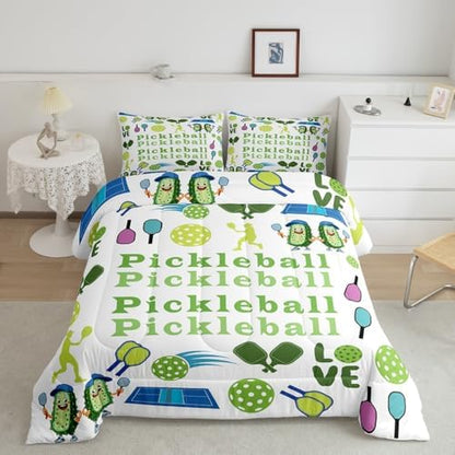 Castle Fairy Funny Pickleball Comforter Set Full Size American Modern Sports Bedding Set Kids Boys Girls Cartoon Athlete Silhouette All Season Quilt Set Geometric Balls Bedding Comforter Sets,3Pcs