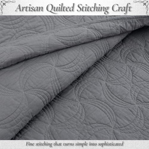Cozy Line Home Fashions Charcoal Gray Cotton Quilt Set – 3-Piece Solid Textured Quilted Bedspread with Shams, Lightweight All Season Modern Bedding (Geometric - Gray, Queen - 3 piece)