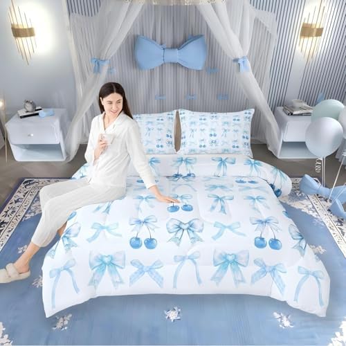 Erosebridal Blue Cherry Bow Queen Comforter Set with Sheets Cute Silk Ribbon Bowknot 7 Piece Bedding Set, Princess Bow Tie Dreamy Kawaii Bed in a Bag, Princess Room Decor Aesthetic