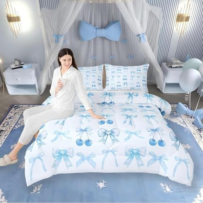 Erosebridal Blue Cherry Bow Queen Comforter Set with Sheets Cute Silk Ribbon Bowknot 7 Piece Bedding Set, Princess Bow Tie Dreamy Kawaii Bed in a Bag, Princess Room Decor Aesthetic