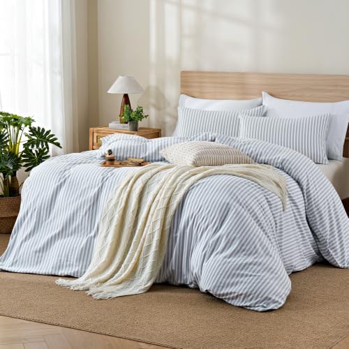 TOCOMOA Blue Striped Duvet Cover Set 100% Washed Cotton Like Linen, King
