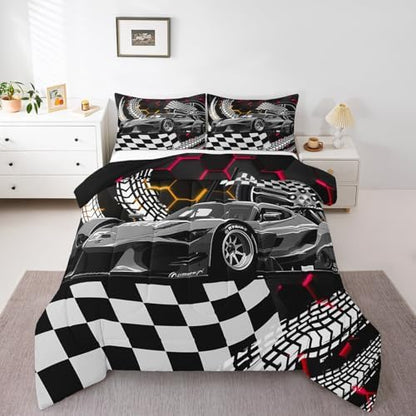 Toddler Race Car Bed,Red Orange Neon Lights Honeycomb Bedding Set Cool Sports Car Glitter Beehive Geometric Hexagon Twin Comforter Set for Boys,Black White Grid Lattice Quilt Buffalo Plaid Decor