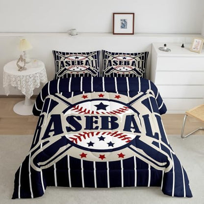 Castle Fairy Baseball Comforter Set Queen Size Kids Bedding 3Pcs for Boys Girls Men Adult Bedroom Decor Blue Black White Stripes Quilt Modern Fashion Duvet Insert,2 Pillowcases (ZZRS3575ZMD-BZ_USq)