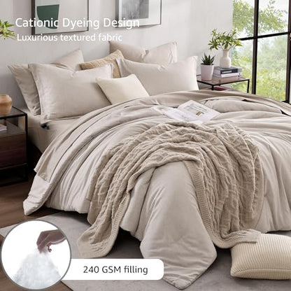 Monbix Oversized Queen Comforter Set 7 Pieces Oatmeal Beige Bed in a Bag