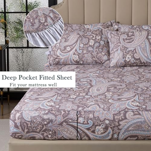 FADFAY Queen Size Bed Sheet Set- 4 Piece 100% Cotton Vintage Paisley Floral Pattern Soft Crisp Breathable Sheets, Includes 1 Fitted Sheet, 1 Flat Sheet and 2 Pillowcases