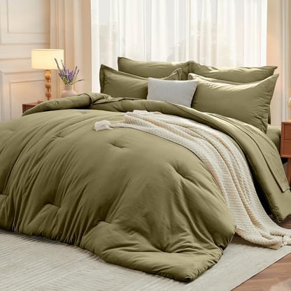 MUXHOMO 7 Pieces Oversized Queen Comforter Set, Soft Bed in a Bag Oversized Queen Size, All Season Bedding Set with Comforter, Flat Sheet, Fitted Sheet, Pillowcases & Shams, Olive Green