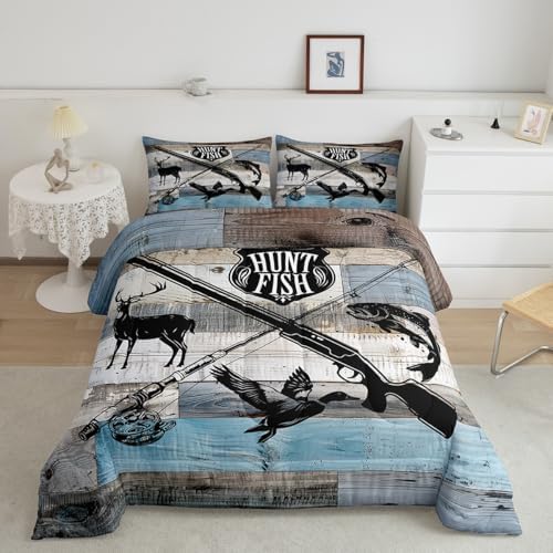 Hunt Fish Bedding Comforters Queen Size,Deer Bird Fish Animal Hunting Comforter Set Adult Women Room Decor,Rustic Retro Wooden Board Soft Duvet Set with 2 Pillowcases,3Pcs