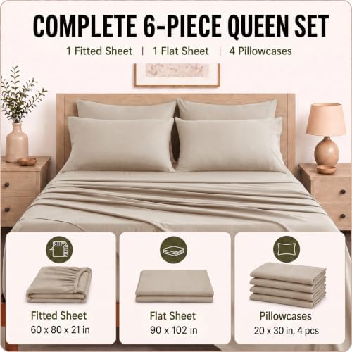 CozyLux Queen Sheet Set 6-Piece, 21-Inch Deep Pocket, Soft Brushed Feel