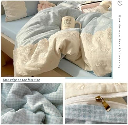 VM VOUGEMARKET Lace Duvet Cover Twin Blue Plaid Gingham Duvet Cover with 2 Romantic lace Pillowcases Soft Cozy Grid Bedding Set for College Dorm