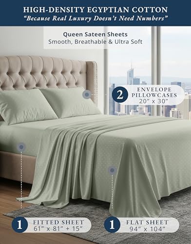 LANE LINEN 100% Egyptian Cotton Bed Sheets Queen Set - Mineral Swiss Dot
