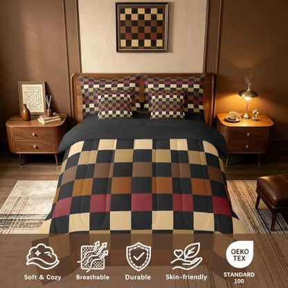 Feelyou Checkered Retro Comforter Set with Sheets 7 Piece King Size Brown Red Black Plaid Bed in a Bag Kids Boys Girls Geometric Vintage Bedding Set Modern Simple Groovy Aesthetic Bedroom Decor Soft