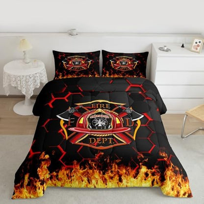 Fire Fighting Kids Comforter Set King Size,Fire Fighting Truck Tool Flame Bedding Set,Boys Girls Adults Room Decor,Geometric Honeycomb Hexagon Down Comforter,Red Black Duvet Insert,2 Pillowcases
