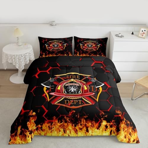 Fire Fighting Kids Comforter Set Full Size,Fire Fighting Truck Tool Flame Bedding Set,Boys Girls Adults Room Decor,Geometric Honeycomb Hexagon Down Comforter,Red Black Duvet Insert,2 Pillowcases