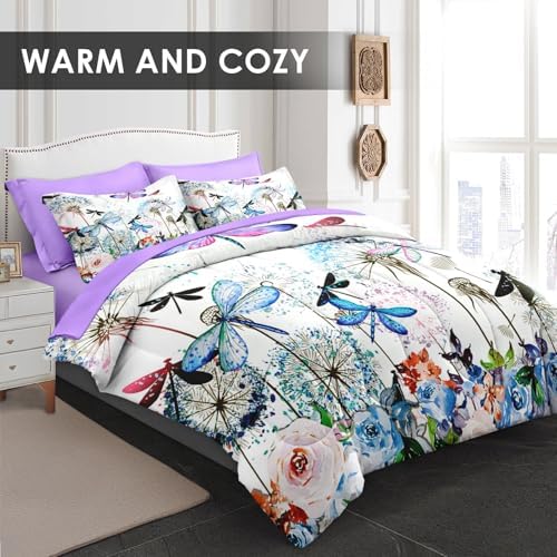 Pamnest Full Comforter Set with Sheets, 7 Pieces Dragonfly Flower Bedding